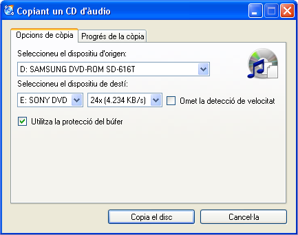 Opcions per copiar disc d'àudio