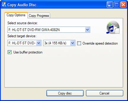 Screenshot: Copy audio disc Options