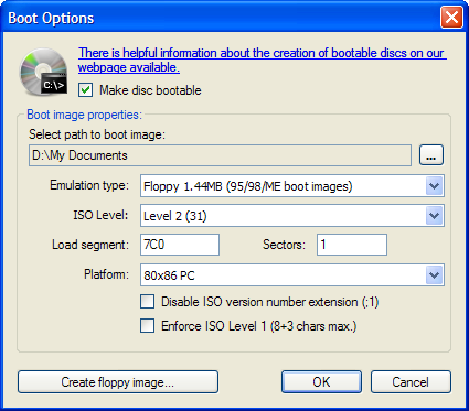 Screenshot: Boot options dialog