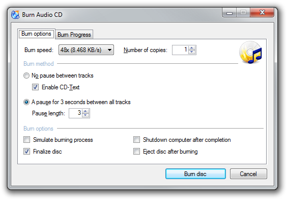 Screenshot: Audio Burning Dialog  